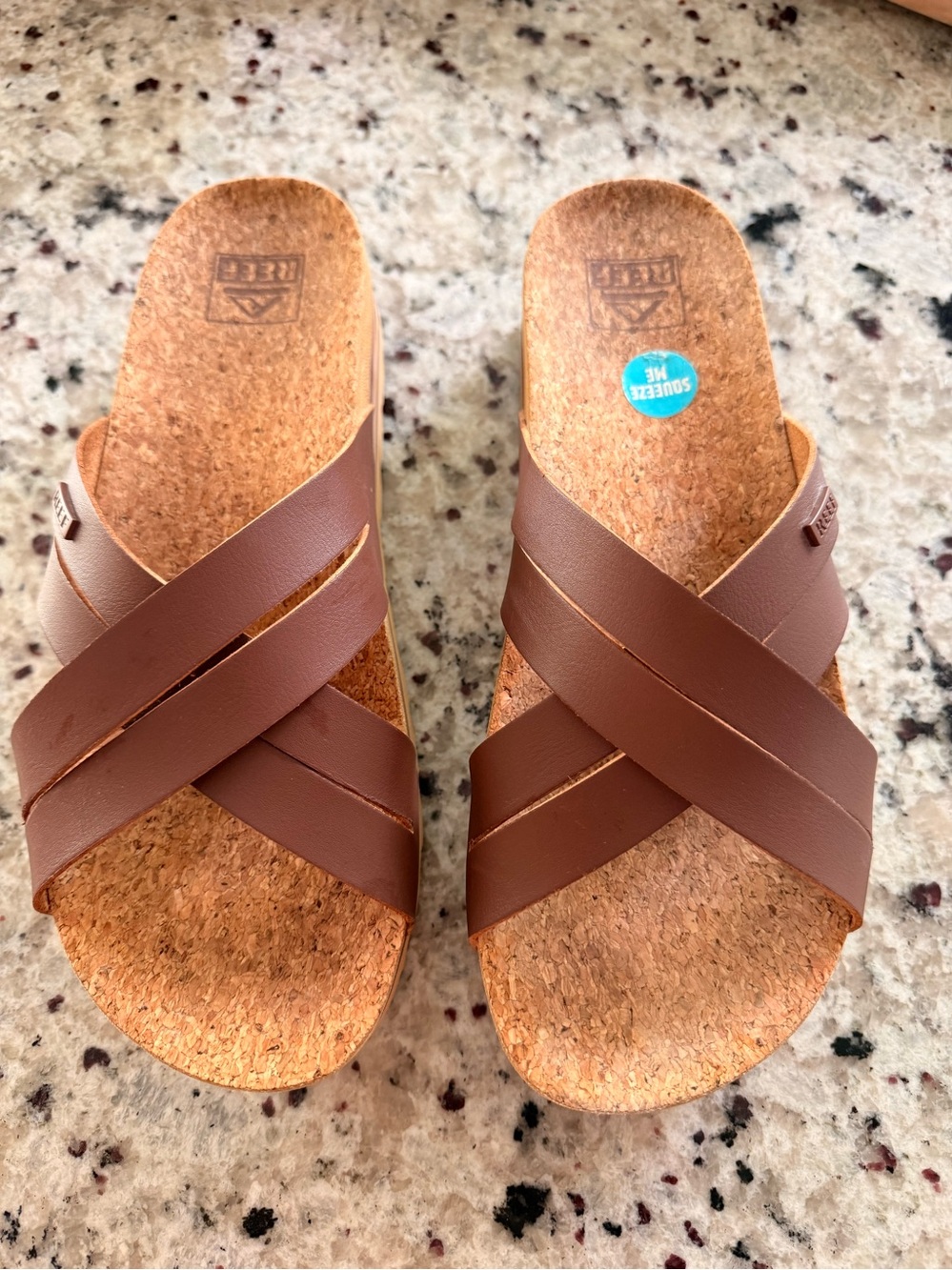 Reef Brown Cork Slide Sandals with Crisscross Straps